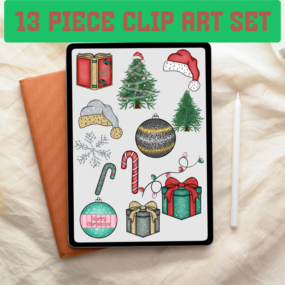 13 Piece Christmas Clipart Classic Red & Green, Silver & Gold