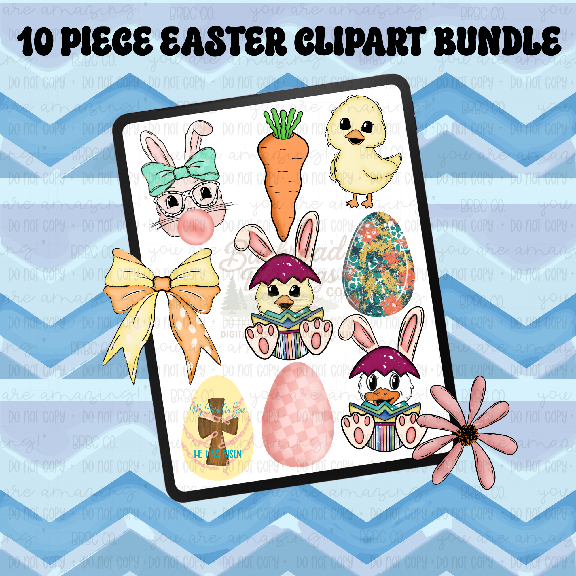 10 piece hand drawn Easter clip art bundle featuring bunnies chicks eggs bows carrot florals and faith inspired He Has Risen egg