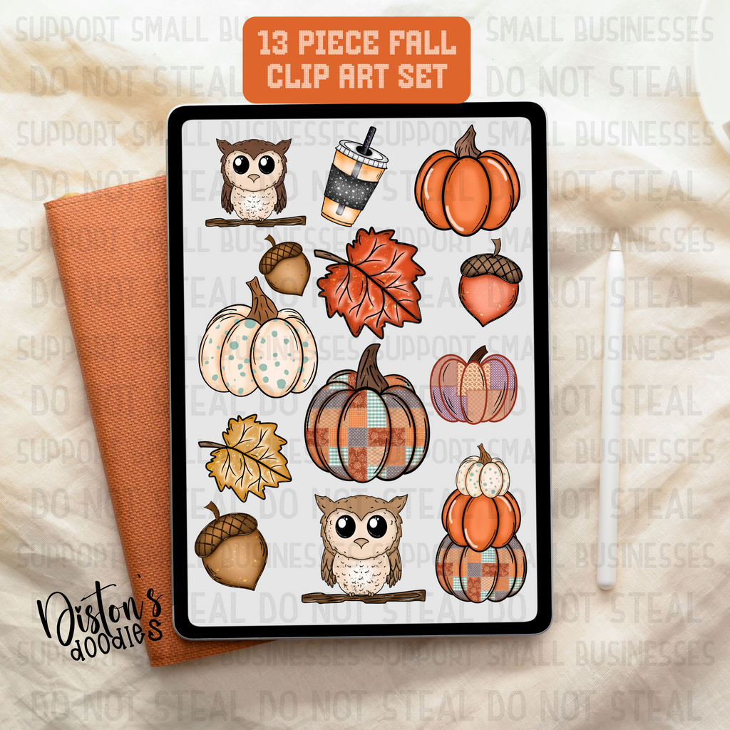13-Piece Hand-Drawn Fall Clip Art Set – Pumpkins, Leaves, Owls, Acorns