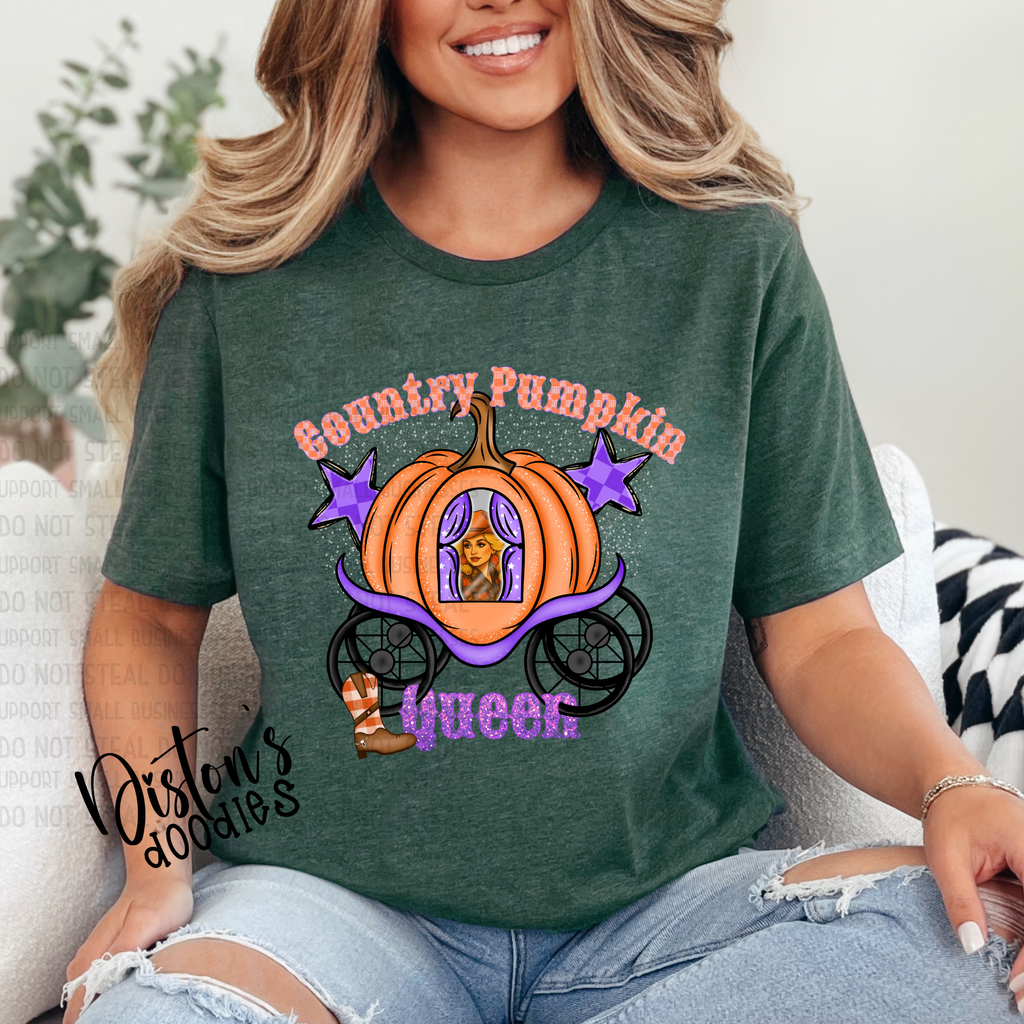 Country Pumpkin Queen design featuring pumpkin carriage, cowgirl elements, and western fall sublimation clipart for boutique tees and tumblers.