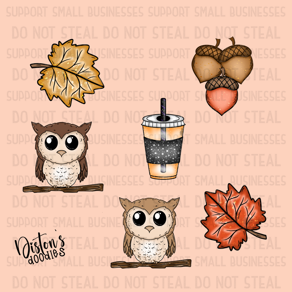 13-Piece Hand-Drawn Fall Clip Art Set – Pumpkins, Leaves, Owls, Acorns