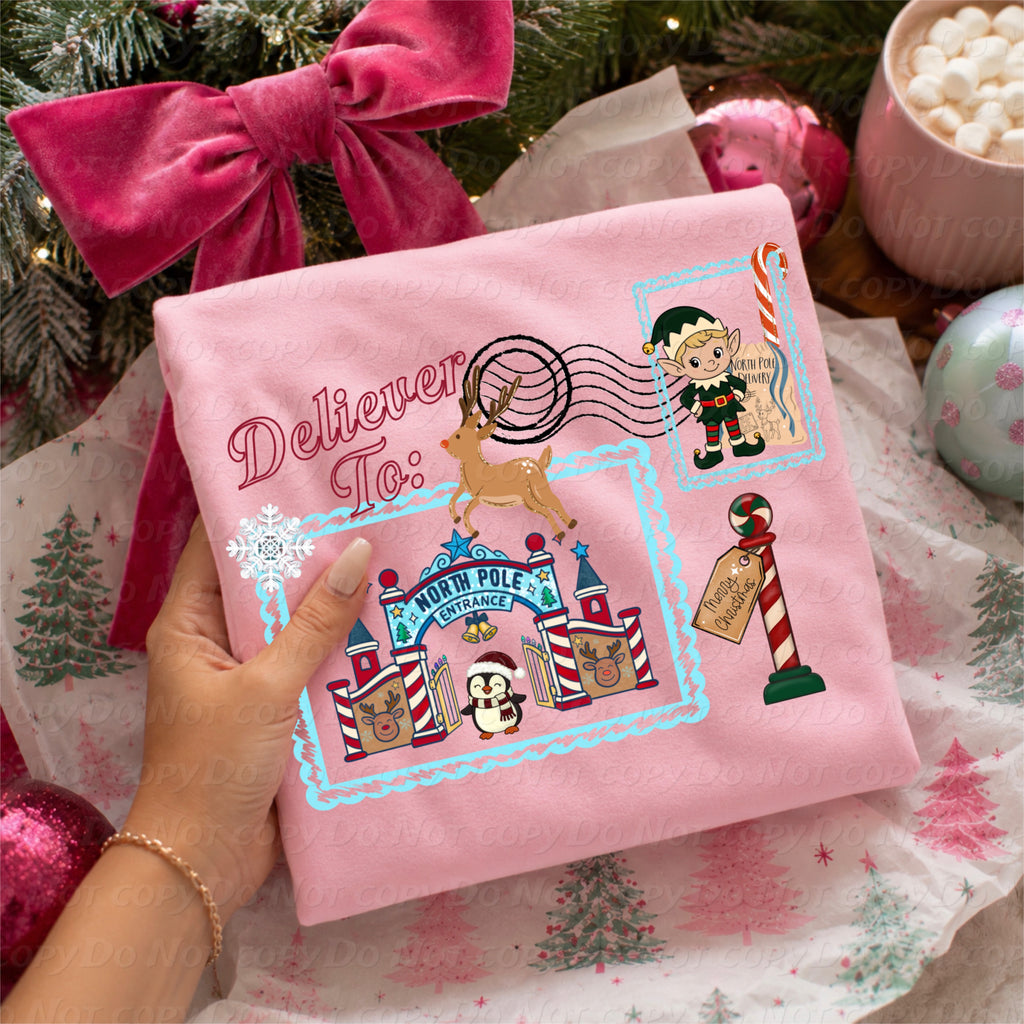 Deliever to North Pole png with penguin and elf stamp