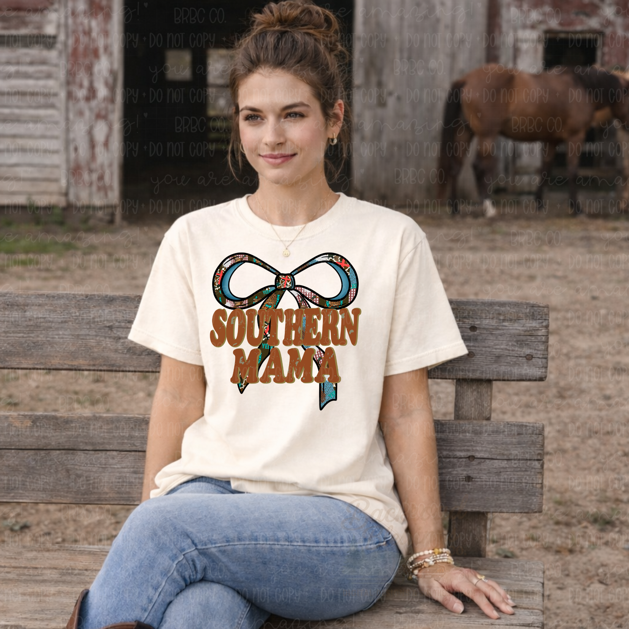 Southern Mama digital design shown on a light t-shirt in a rustic outdoor setting