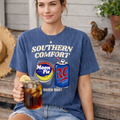 Southern comfort digital design displayed on a vintage-style blue t-shirt with classic southern snack illustration
