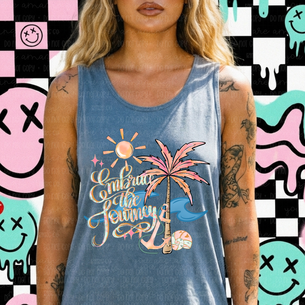 Digital design of embrace the journey. Coastal colors of pinks, peach, and teal. Palm tree, anchor, shells.