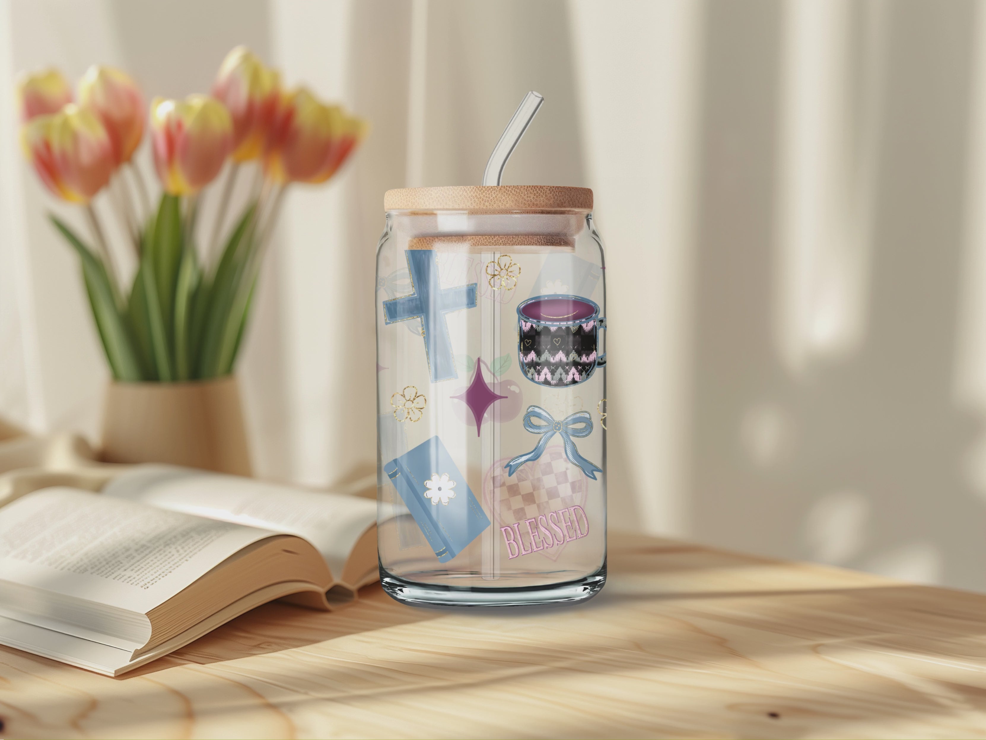 Blessed Christian PNG Bundle – Seamless Pattern, 16oz Wrap & Finished Design