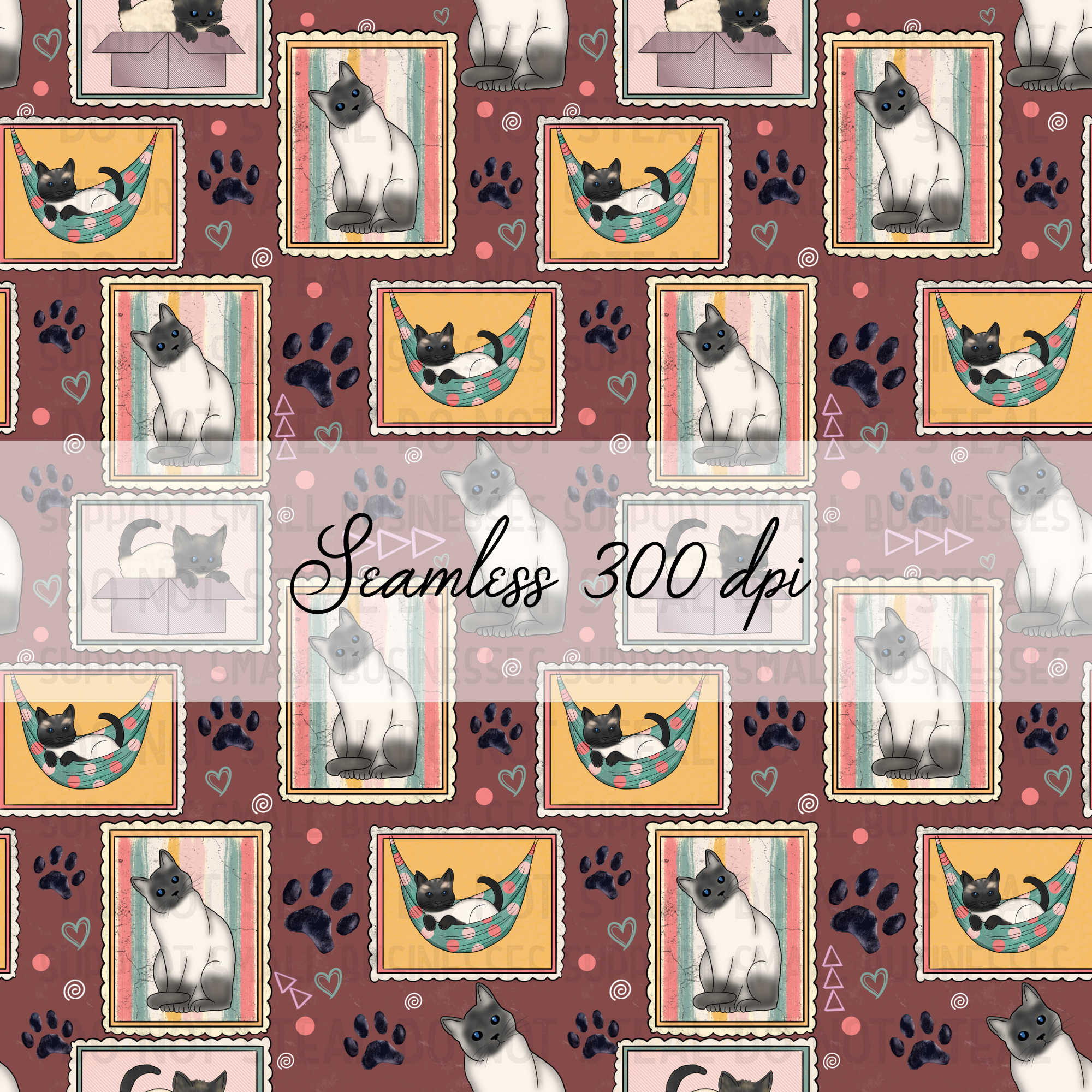 Seamless Siamese Cat postage stamp pattern